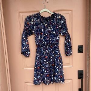 Navy Blue Floral Sundress with 3/4 Bishop Sleeves for Casual Wear